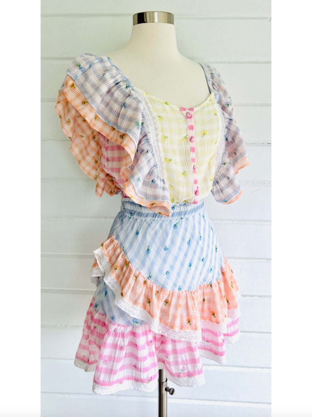 LOVESHACK FANCY Leon Ruffled Mini Dress in Mixed Check - S - Picture 6 of 14